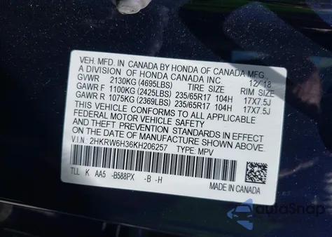 2019 Honda Cr-V Lx из США, поврежденный, VIN 2HKRW6H36KH206257